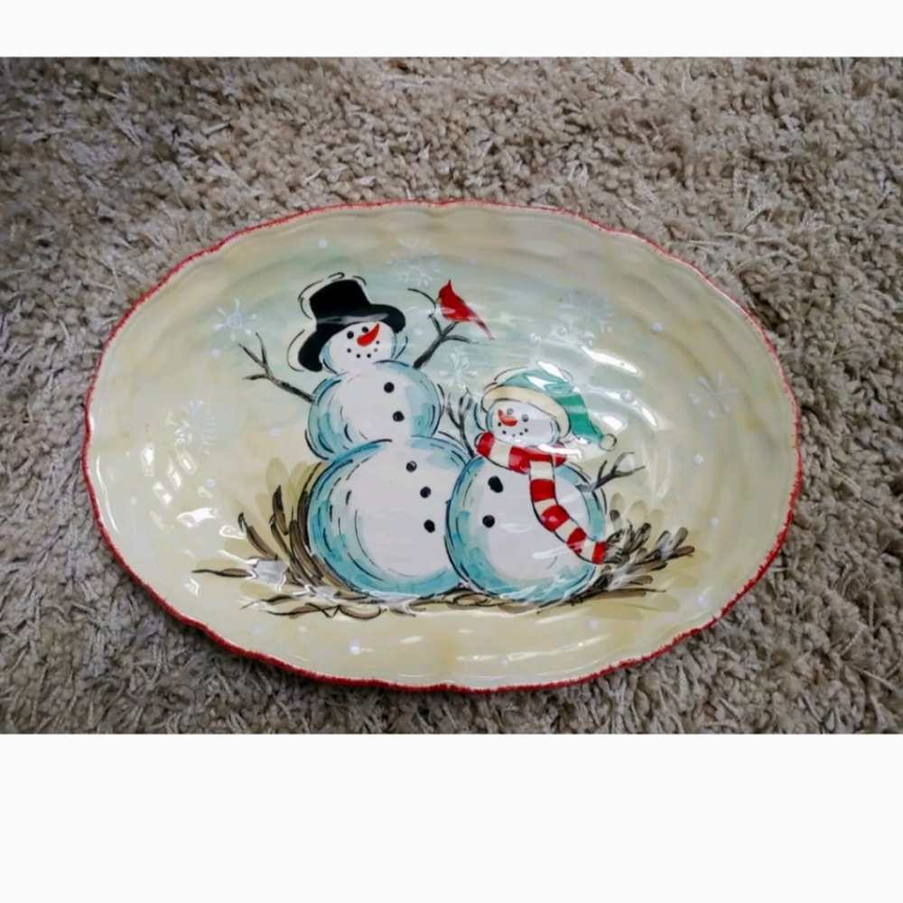 HTF Retired Maxcera Snowfellas Oval Serving Holiday Platter Plate Snowmen